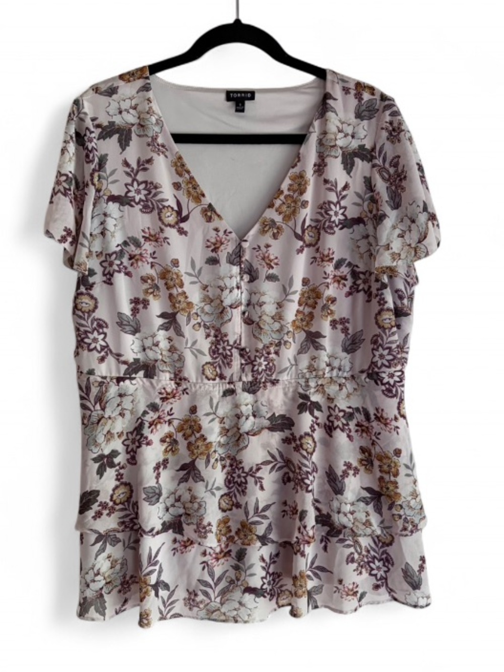 Torrid Gray Floral Flutter Sleeve Layered Hem V Neck Blouse Size 1